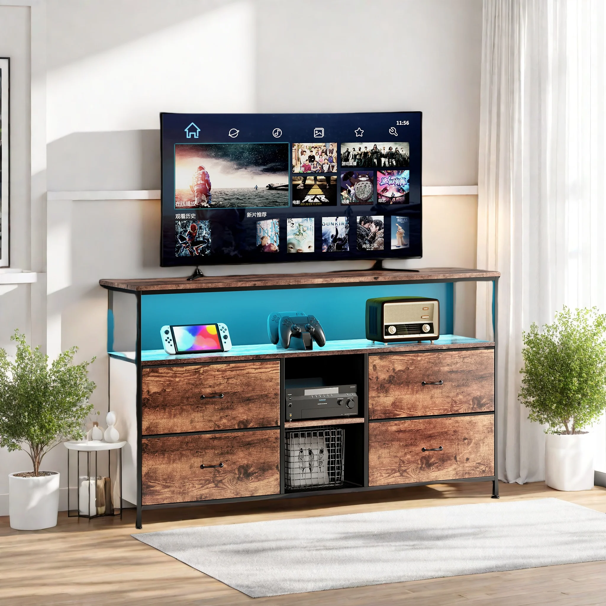 TV-Möbel, TV-Halterung, 55-Zoll-Fernseher, TV-Tisch mit 4 Holzschubladen und Ablagefächern, Stahlrahmen, in Image