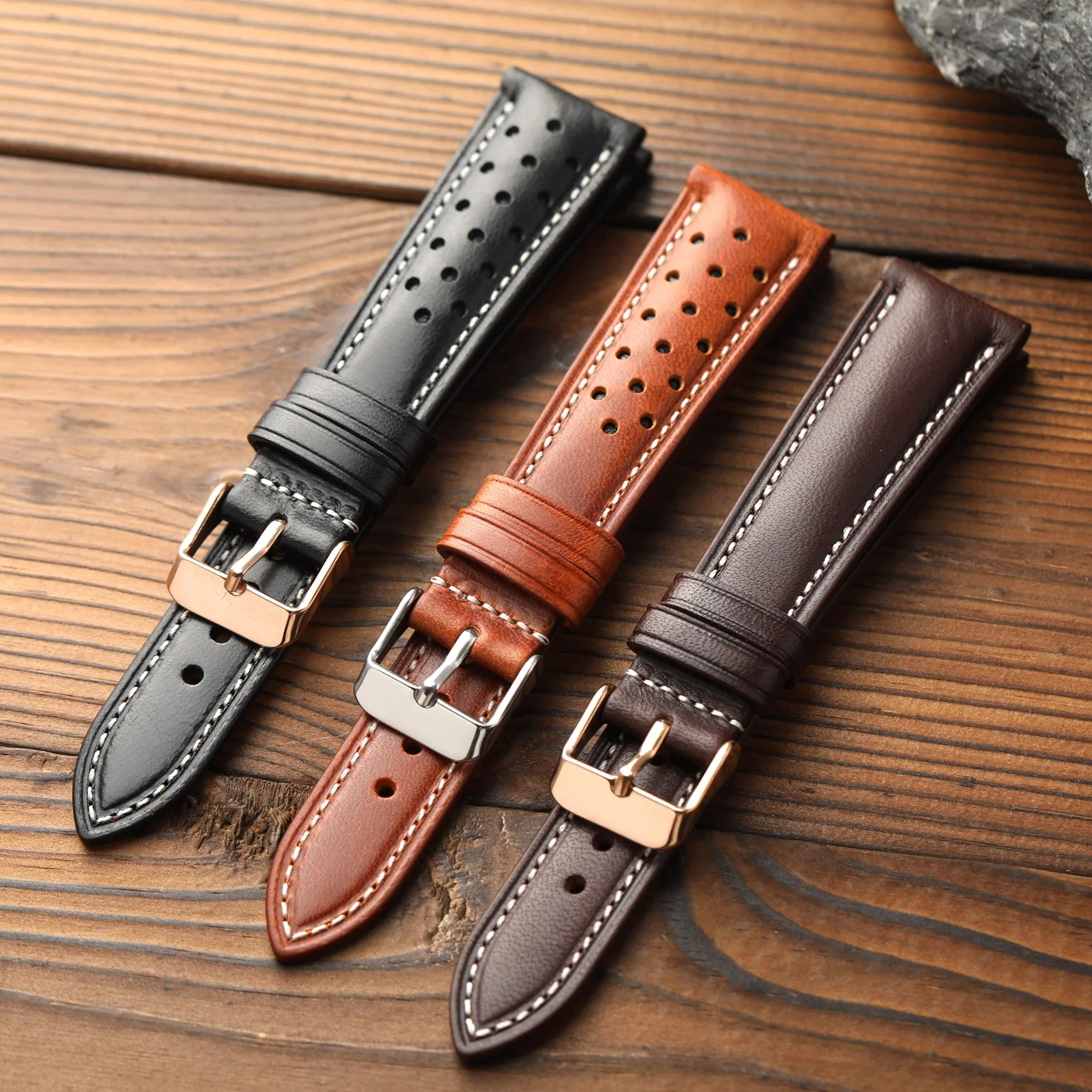 Handgefertigtes Uhrenarmband aus erstklassigem Rindsleder, Größen 18, 19, 20, 22 mm, aus echtem amerikanischem Dublin-Leder in Braun-Schwarz für Herren S/M