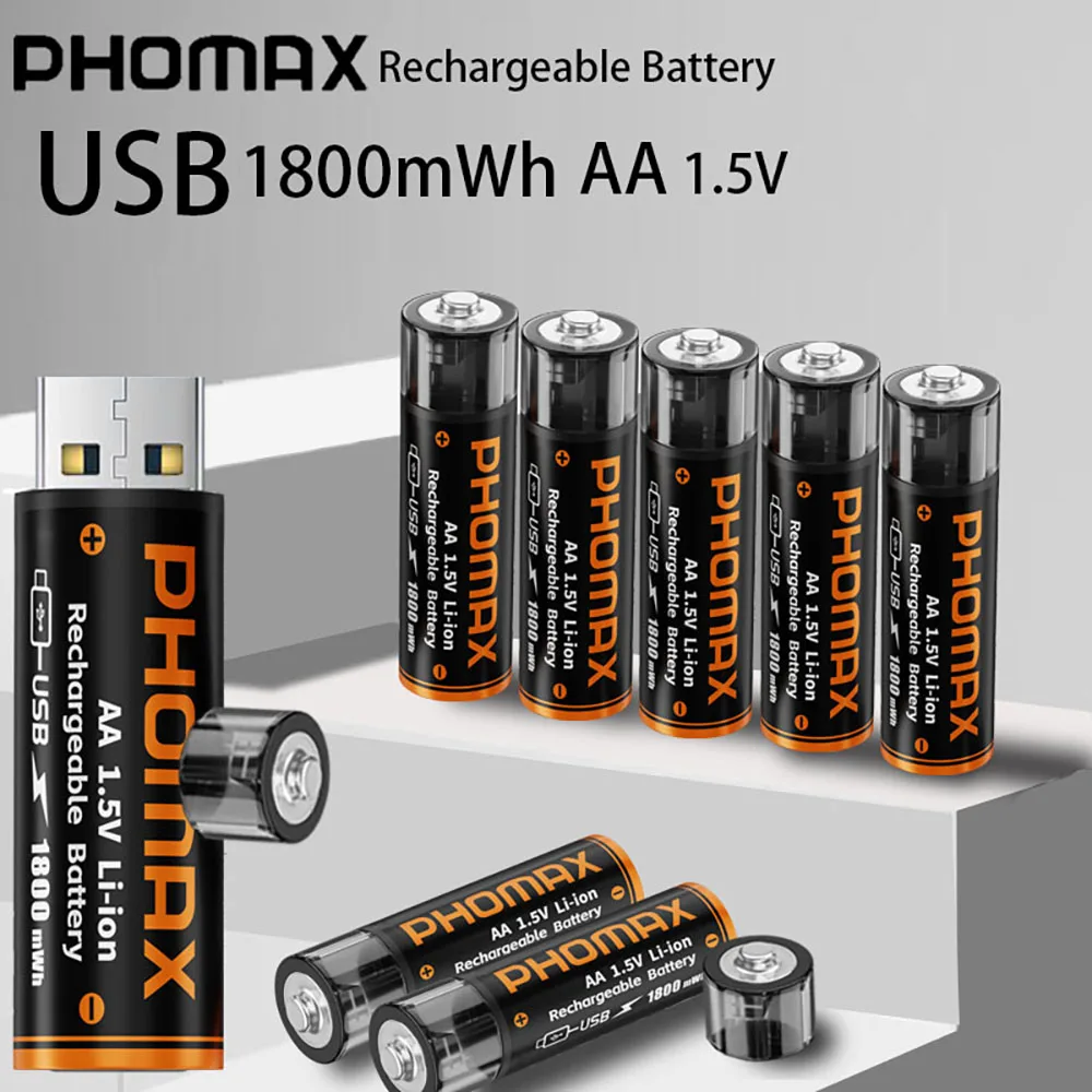PHOMAX USB-Lade-Akkus, AA, wiederaufladbar, 1,5 V, 1800 mWh, Lithium-Ionen-Akkus, schnelle Ladezelle für Smart-Türschlösser, Spielzeug, Uhren Image