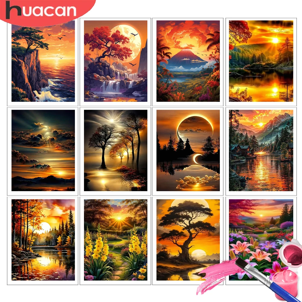HUACAN Malen-nach-Zahlen-Set Sonnenuntergang-Landschaft DIY Ölgemälde auf Leinwand Baum Meer Handgemachte Handbemalte Sets Kinderzimmer-Dekoration