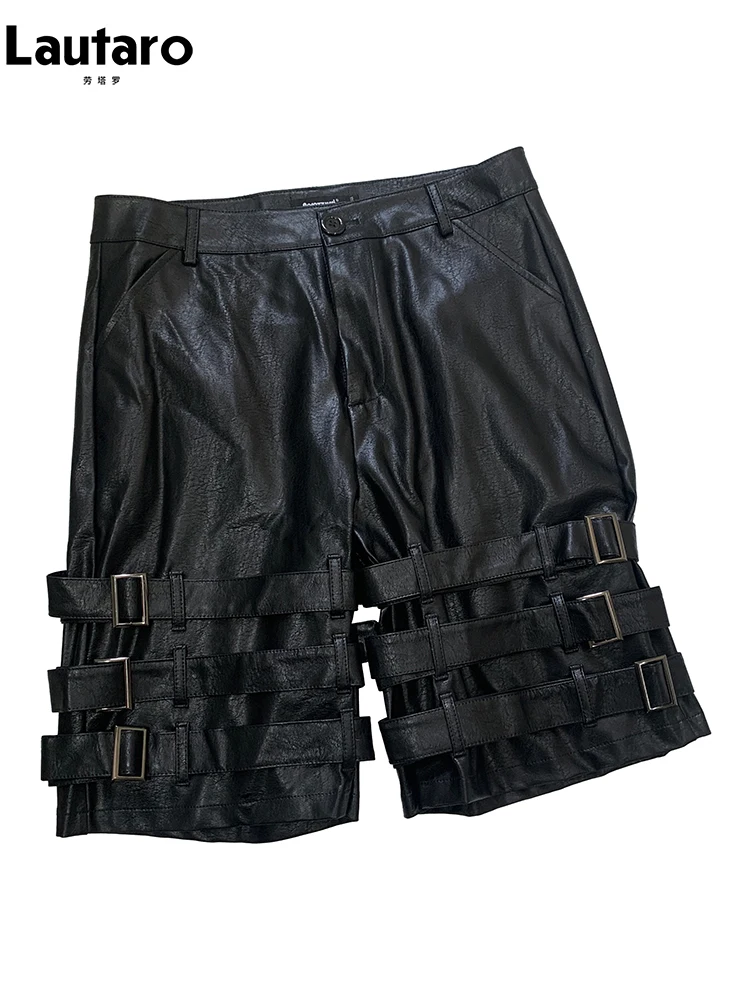Nerazzurri Sommer Herbst Schwarze Kunstleder Shorts für Männer mit vielen Gürtel Herren Hohe Taille Kurze Gerade Hosen Emo Kleidung 2025 Image