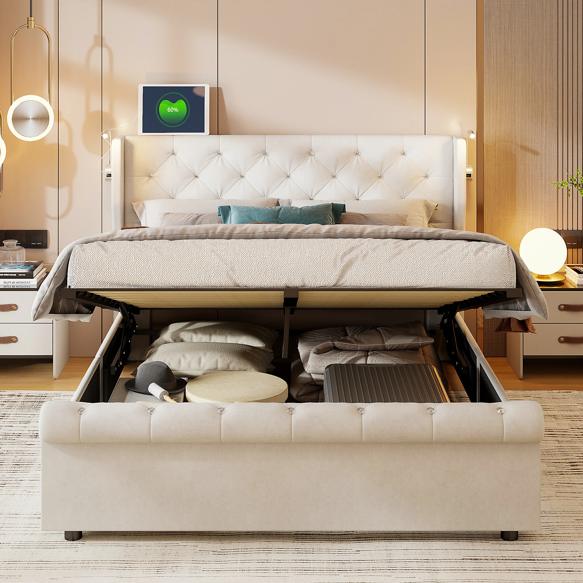 Superaly 160×200/140×200/140×190cm gepolstertes Jugendbett, Doppelbett, Bett mit Stauraum und Lattenrost für Schlafzimmer, Samt