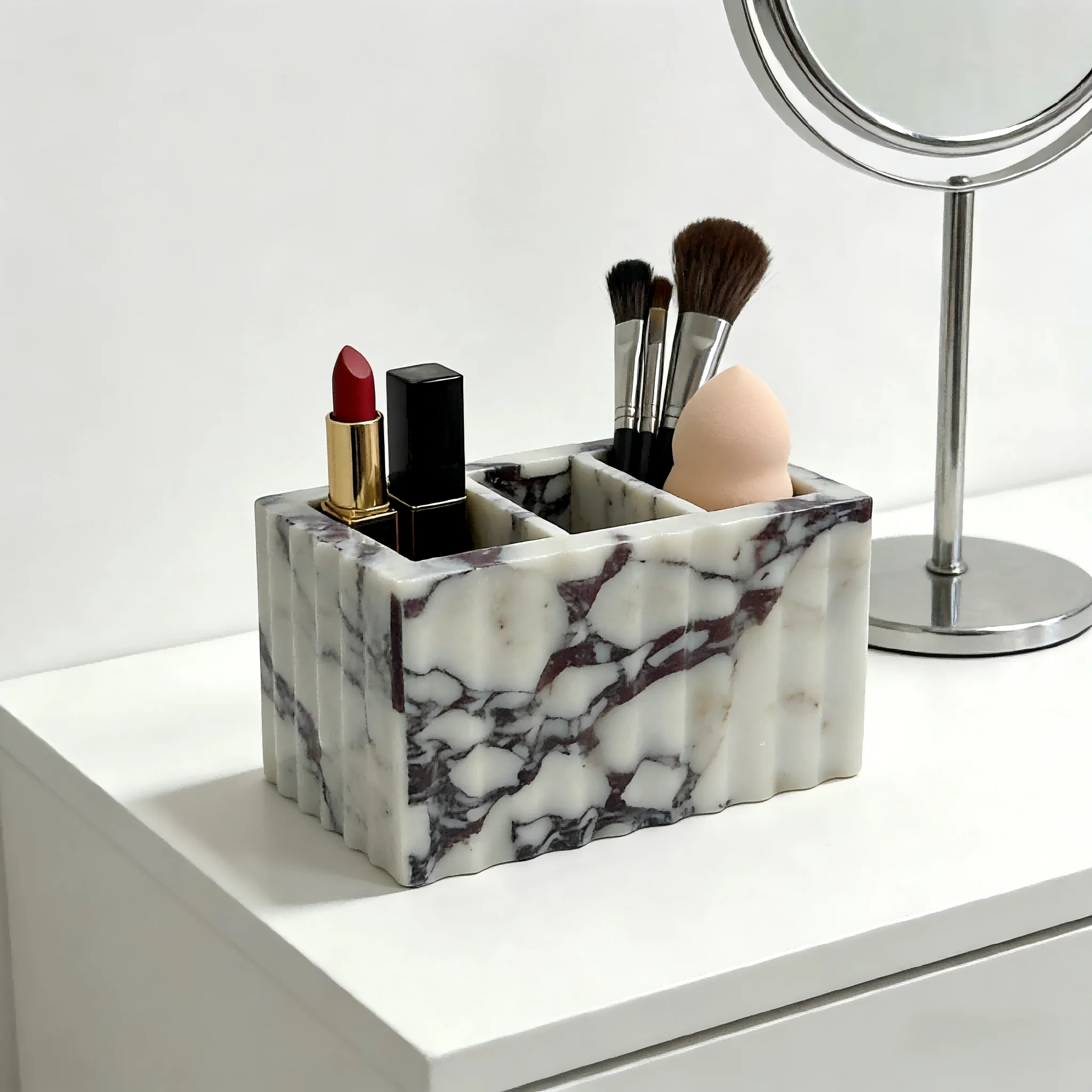 Calacatta Viola Marmor Stifthalter, Naturstein-Aufbewahrung mit Wellendesign, Schminktisch-Organizer für Schmuck, Parfüm und Lippenstift