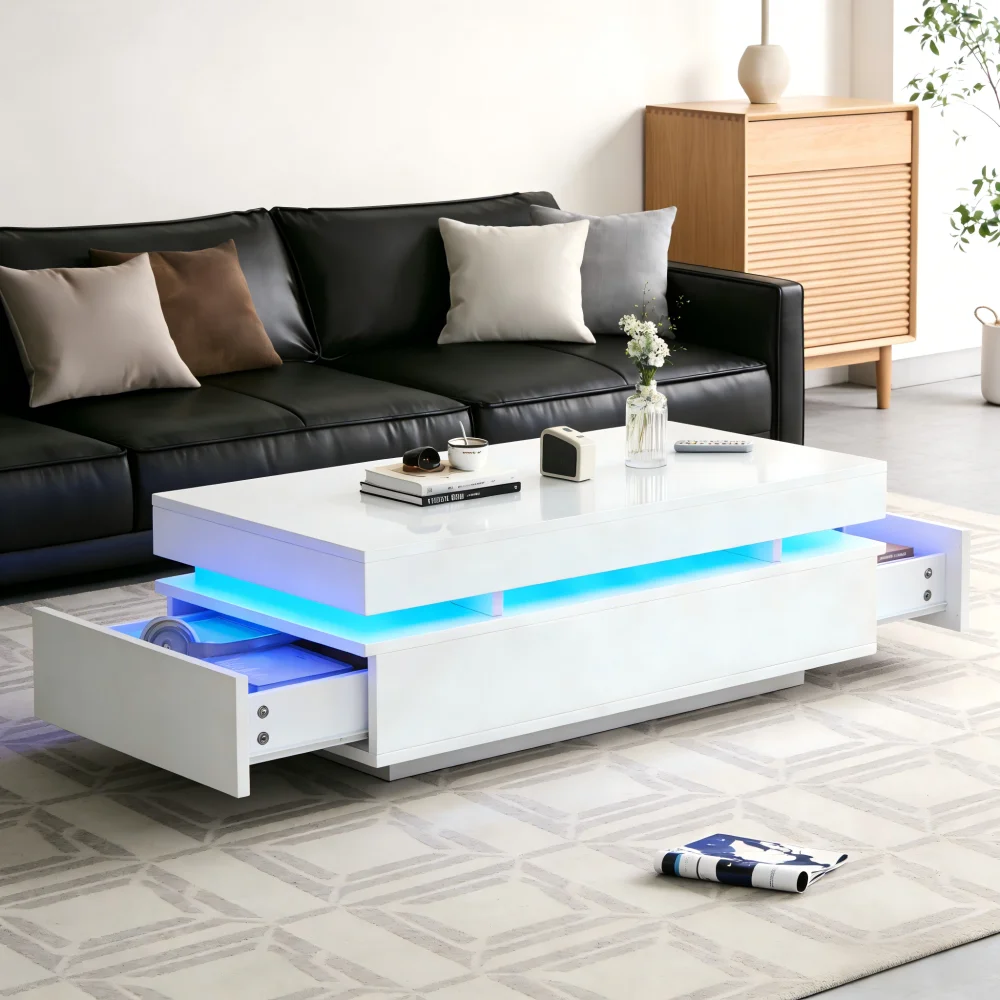 100x50x35cm Hochglanz-Couchtisch mit 2 Schubladen, USB-Stromversorgung und LED-Ambientebeleuchtung, Beistelltisch, Wohnzimmer-Sofatisch