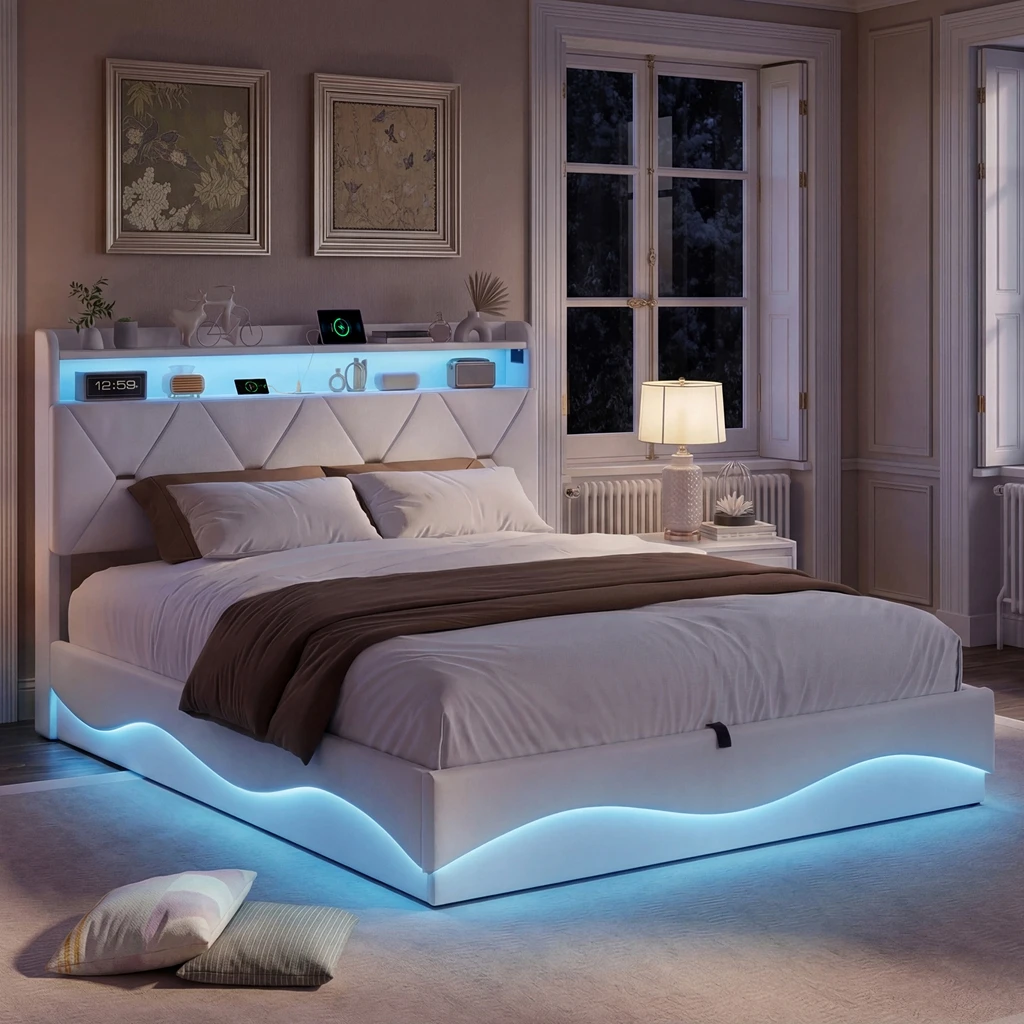 Polsterbett mit Stauraum 160x200 cm mit Lattenrost, Doppelbett mit LED-Beleuchtung, USB-Anschlüssen & hydraulischem Hub, Stauraumkopfteil