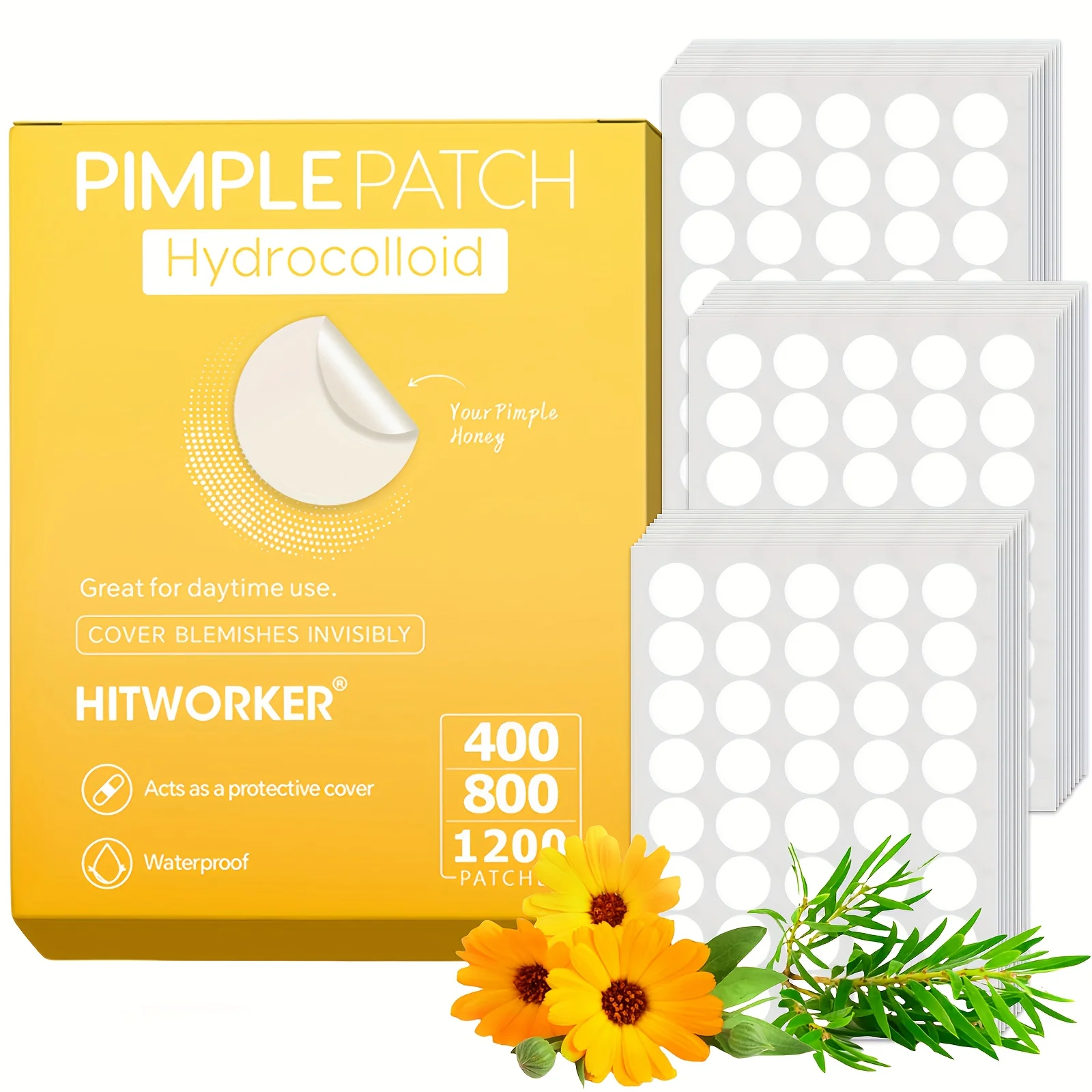 HITWORKER Akne-Pflaster (1200 runde Hydrokolloid-Akne-Pflaster) | 400/800 saugfähige Pflaster und Tag/Nacht-Kombipack | Unsichtbarer Con Image