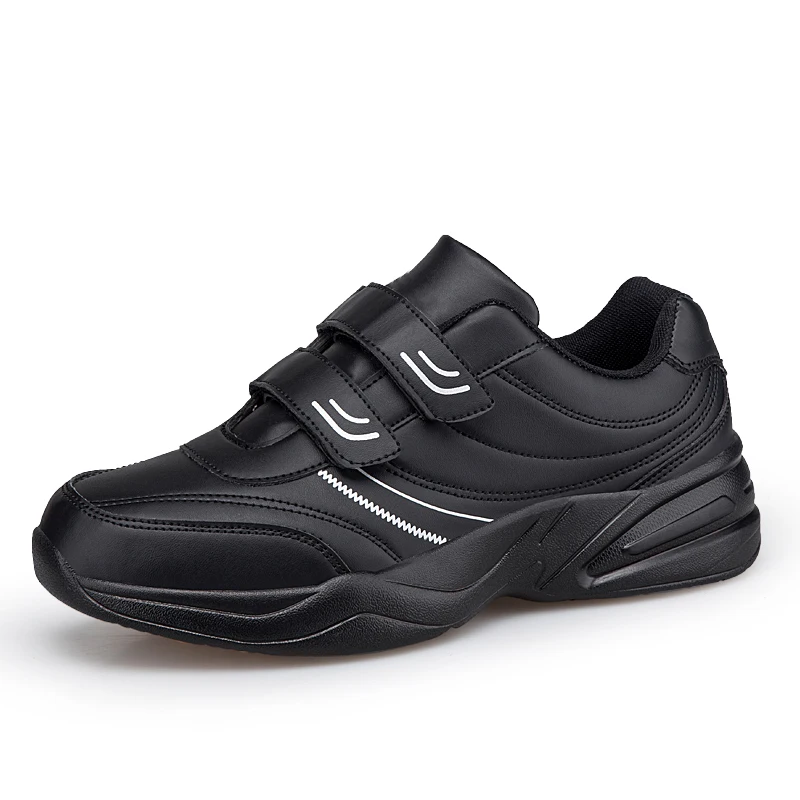 Herren Verstellbare Klettverschluss-Ledersneaker, Rein Schwarz, Casual Sportschuhe, Große Größen 47 48, Seniorengerechte Gehschuhe