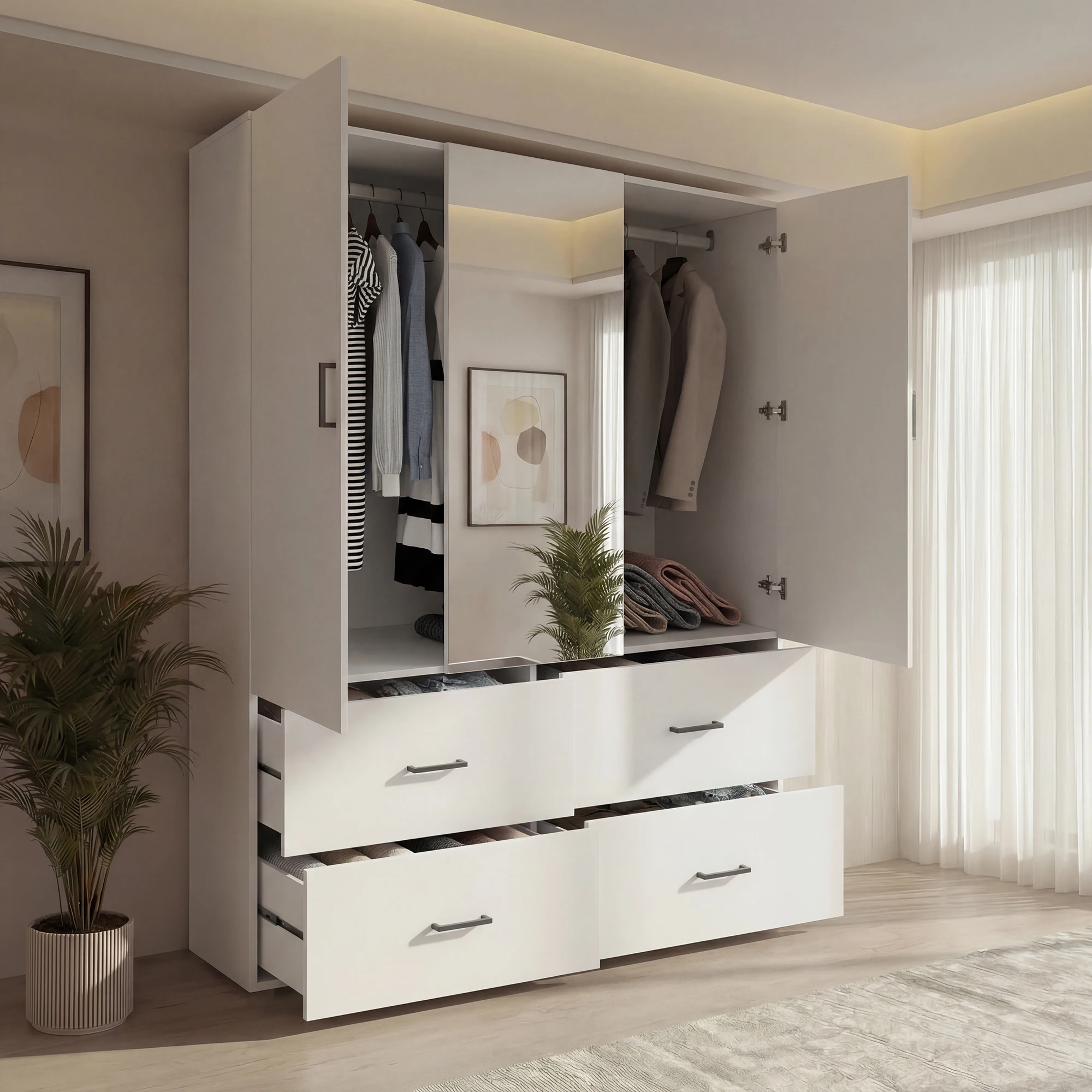 Superaly 130x51,8x181,5cm 2-Türiger Kleiderschrank mit Spiegel & 4 Schubladen & Kleiderstange, Aufbewahrungsschränke für Wohnzimmer, Schlafzimmer, Weiß