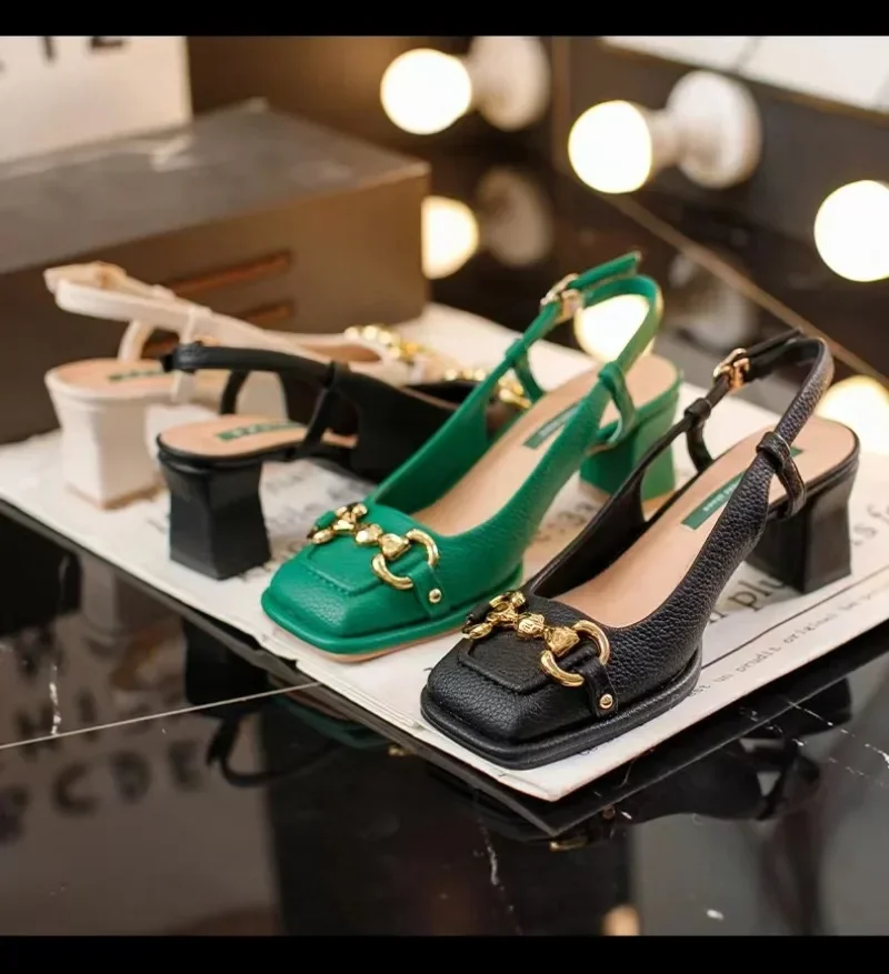 Damen-Schuhe mit mittelhohem Absatz, 5,5 cm, 2025, Sommer, französischer Stil, hinten leer, weiblich, dicker Absatz, quadratische Zehenschuhe, Schwarz, Grün