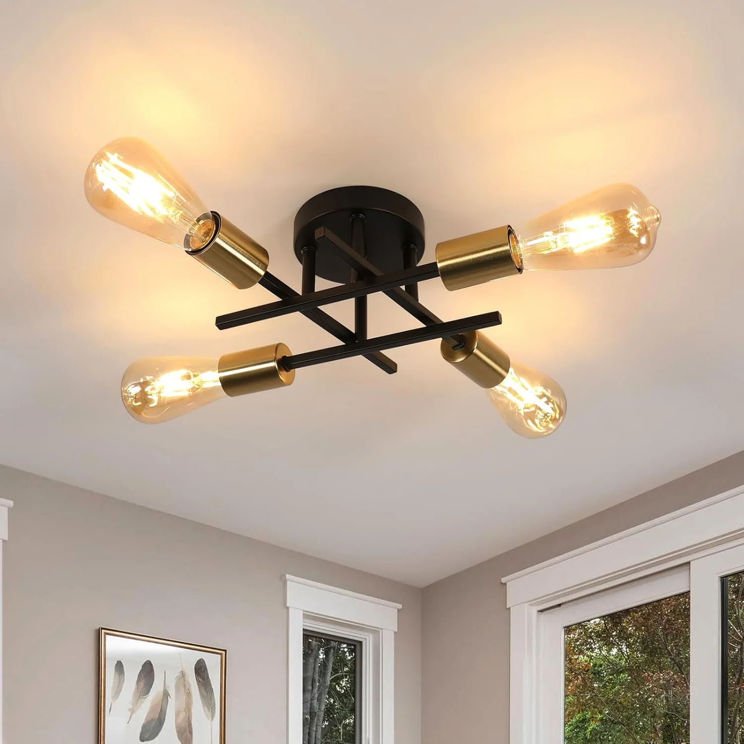 Industrielle Deckenleuchte, Vintage-Deckenleuchte mit E27-Sockel, 4 Lampen, Retro-Metall-Deckenleuchte für Wohnzimmer (Glühbirne nicht im Lieferumfang enthalten)