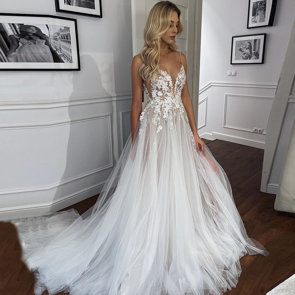 Elfenbeinfarbene Brautkleider 2025, Damen-Spaghettiträger, ärmellos, langes Brautkleid, Spitze, Applikation, Illusion, sexy, elegante Partykleider Image