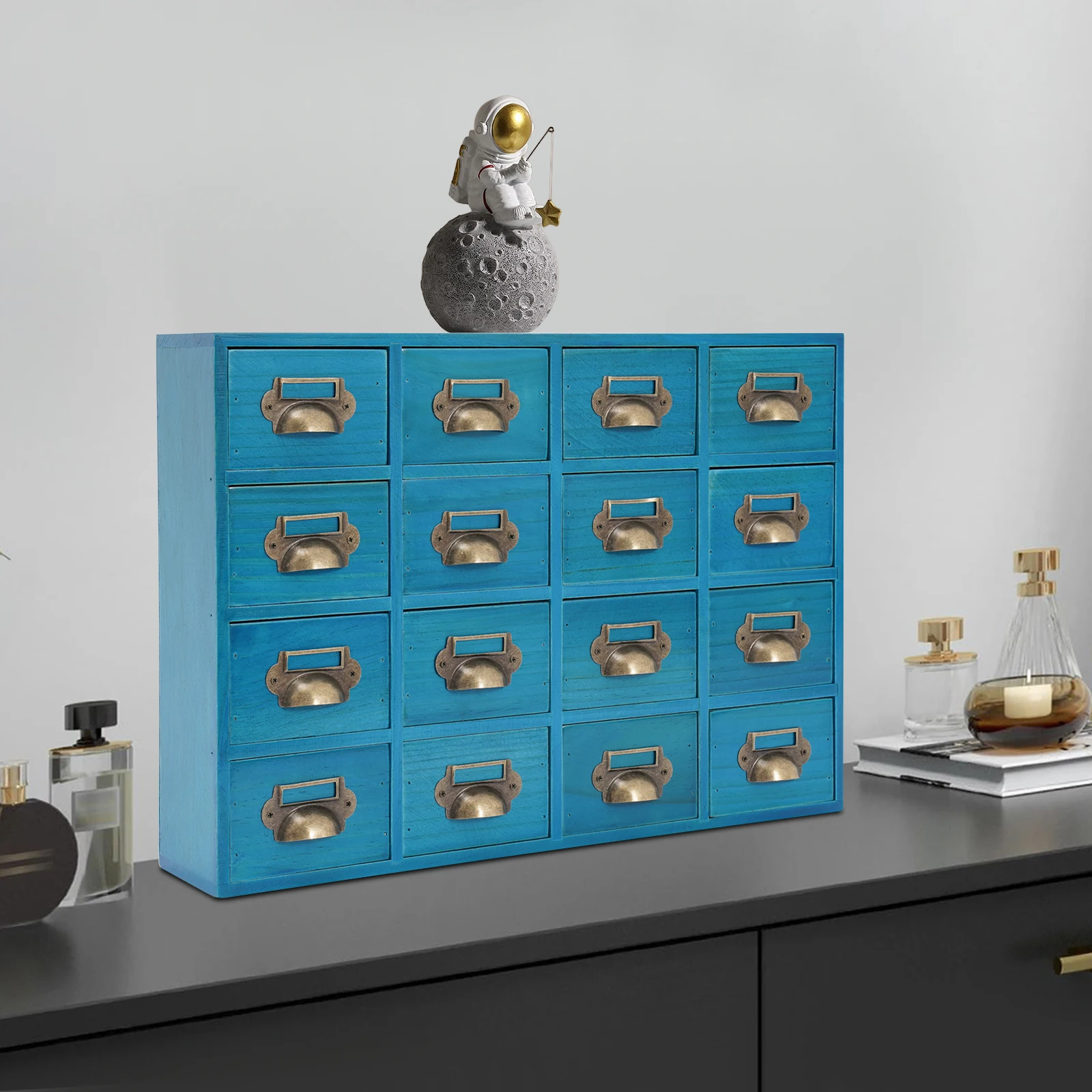 spuwlqot Schrank mit 16 Schubladen, Medizinschrank aus Holz, Organizer für Schreibtischschubladen, 50 x 10 x 35 cm, Blau