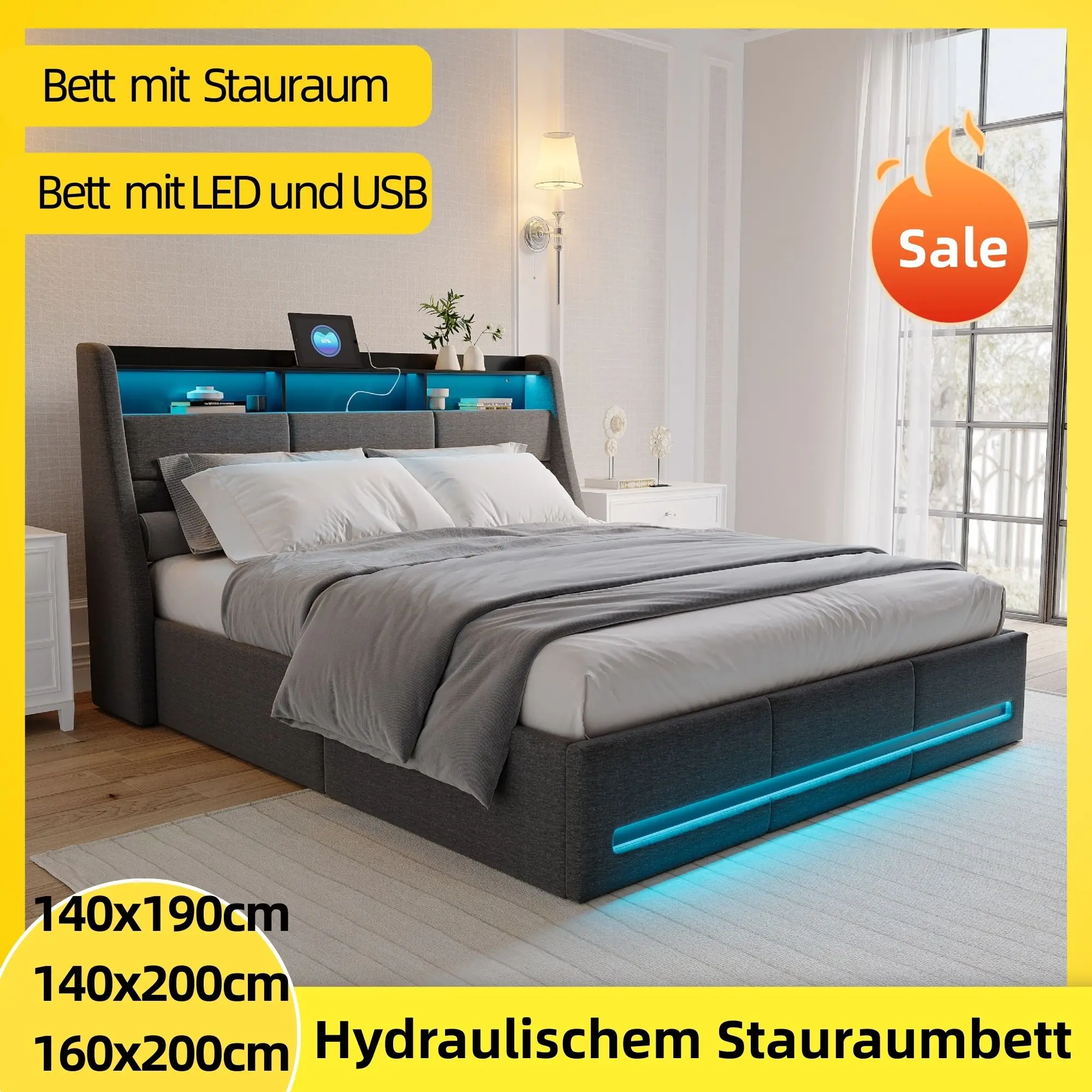 Bett 140x190 mit Stauraum, Polsterbett Doppelbett mit LED und USB, hydraulischem Stauraumbett mit Bettkasten, Boxspringbett 140x200, Jugendbett mit Stauraum Kopfteil, Bettrahmen mit Lattenrost,