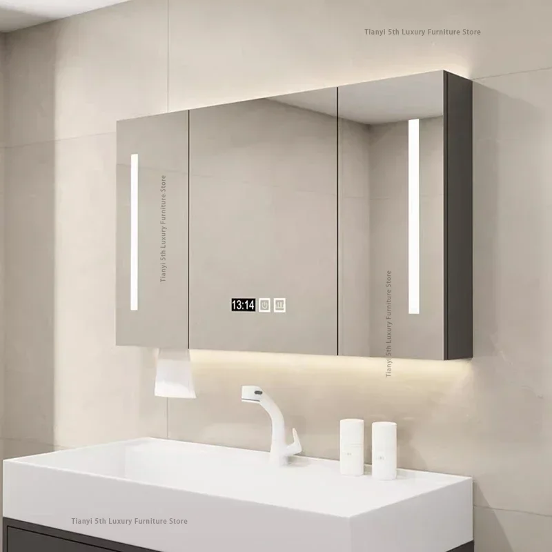 Massivholz Smart Badezimmer Spiegel Wand-montiert Nordic LED Licht Lagerung Spiegel Schrank Eitelkeit Home Möbel Arredo Bagno FYBC
