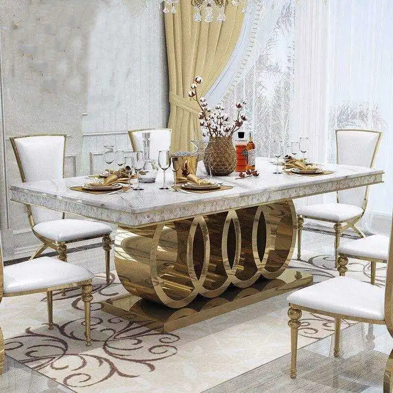 Luxuriöse Esszimmermöbel Goldenes Esstisch- und Stuhlset mit 4/6 Stühlen Komplettes Esszimmer-Set Esstisch mit Marmorplatte