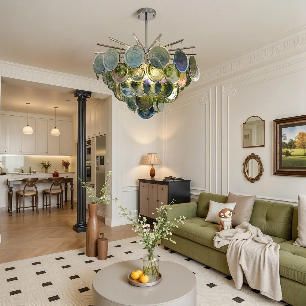 Murano-Glas Kronleuchter Moderne Runde Deckenleuchte Chrom-Messing-Finish Pendelleuchte für Wohnzimmer Esszimmer Schlafzimmer