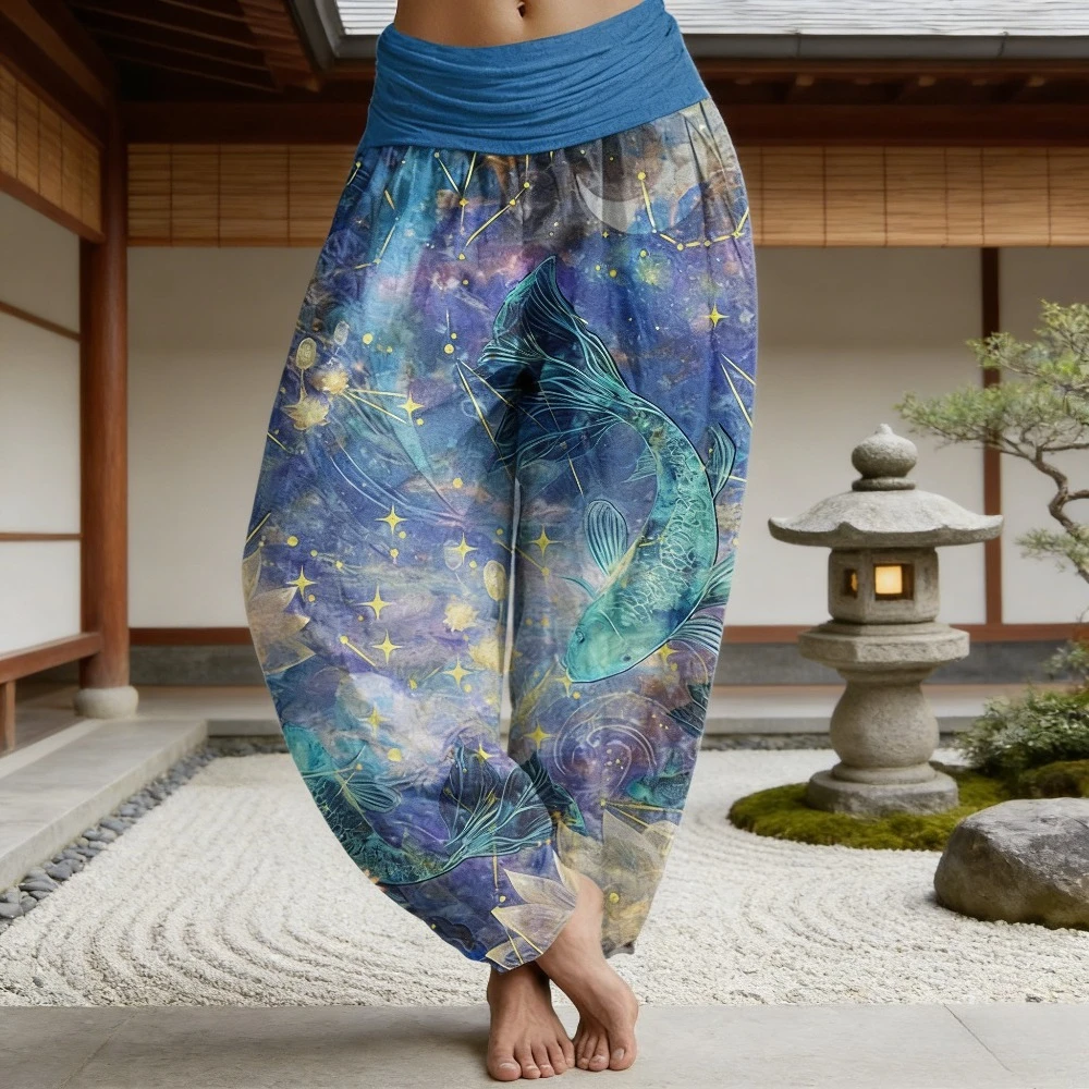 Damen-Haremshose mit Koi-Fisch-Galaxy-Print, Boho-Stil, elastische Taille, lässige Yoga-Loungewear, weiche, locker sitzende Hose Image