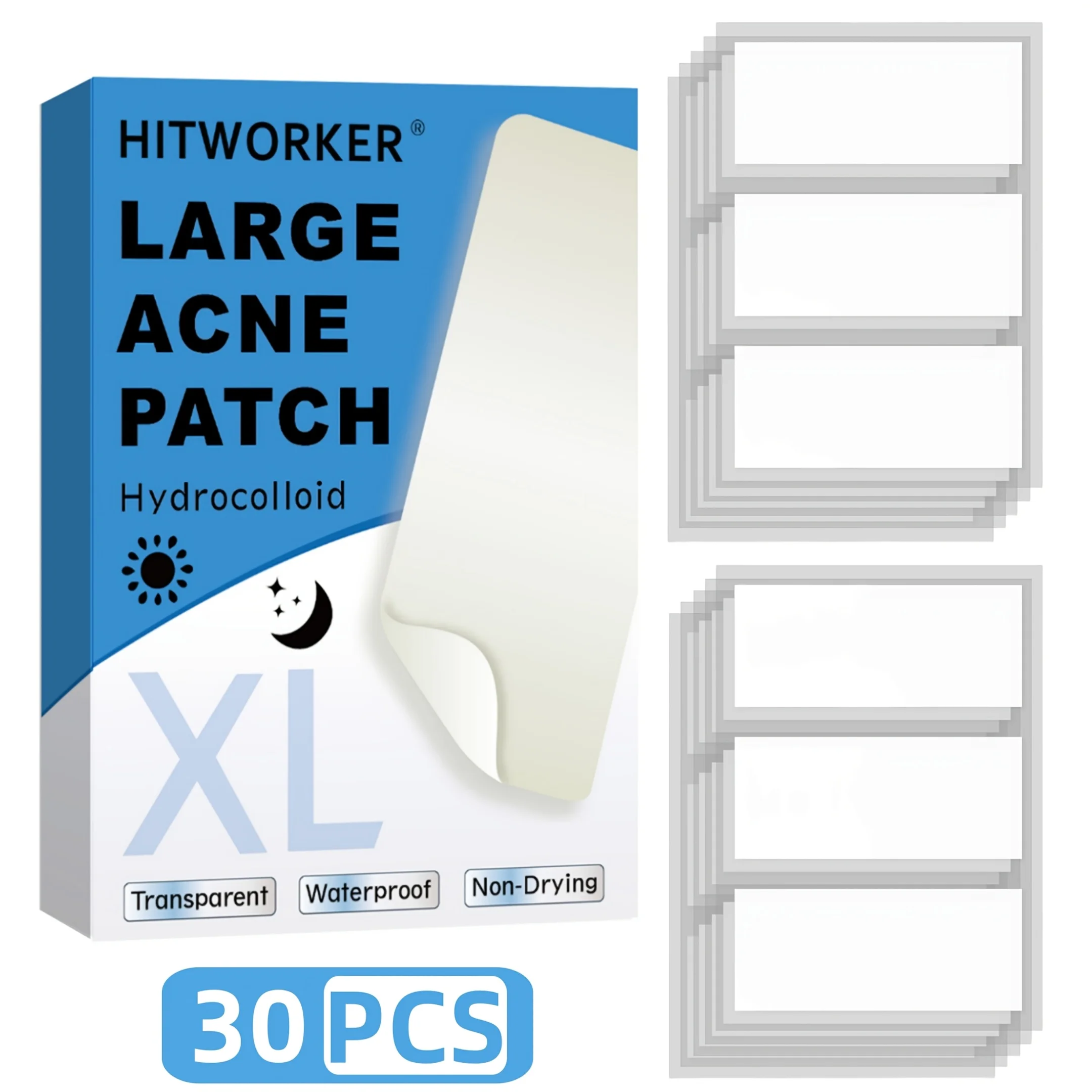 HITWORKER XL Akne-Pflaster (30 Stück) | Tag- und Nachtreparatur, absorbiert Geheimnisse, sanft und nicht reizend | Unsichtbares Wasserpro Image