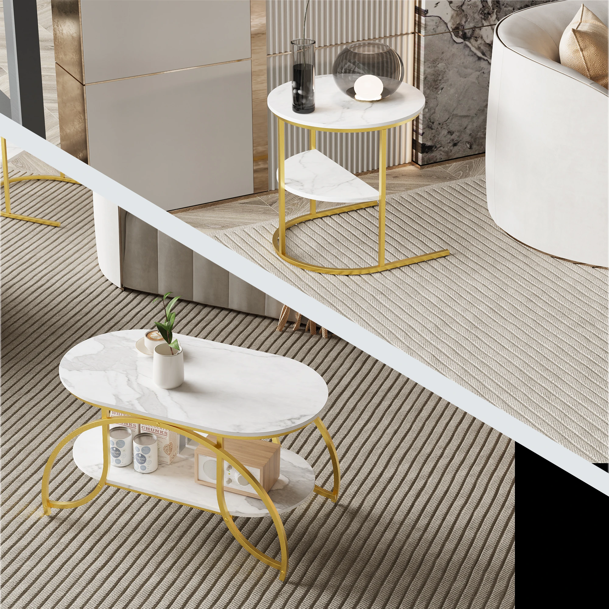 Rosahqnda Couchtisch-Set, 2-teilig, 2-in-1-Wohnzimmertisch mit Stauraum, moderner Sofatisch in rundem und ovalem Marmor-Look