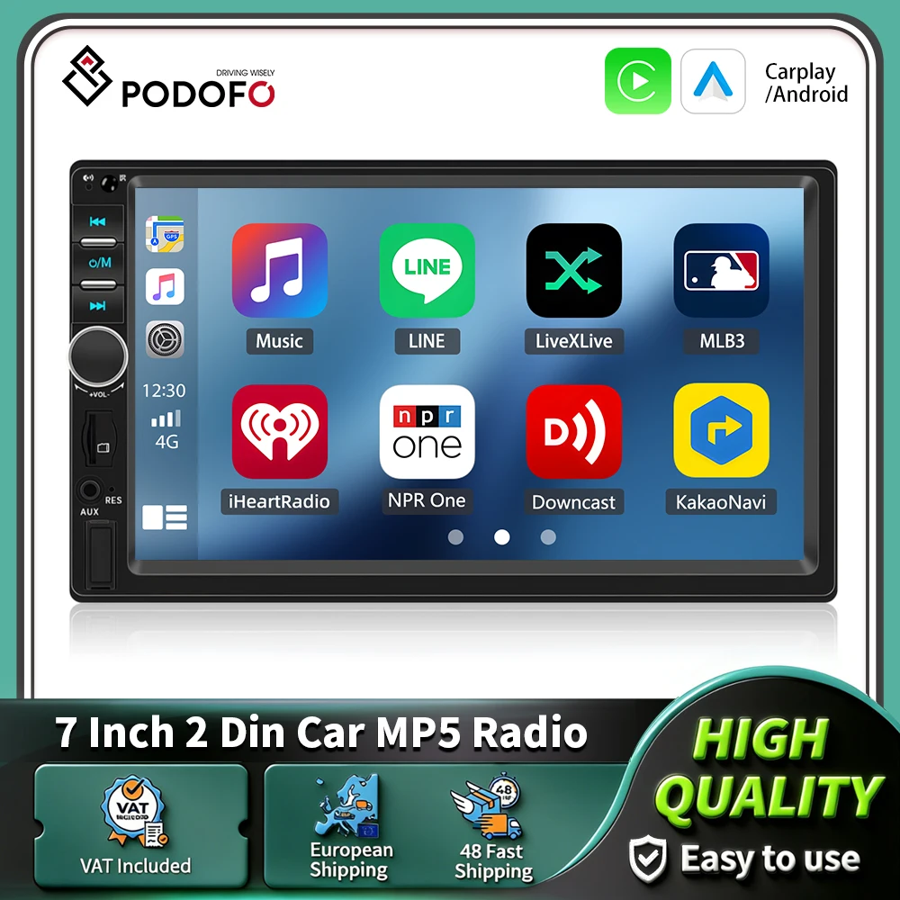 Podofo 7'' 2-DIN Carplay MP5 Player Autoradio für universelles kabelloses Carplay Android Auto Bluetooth FM Mirror Link Image