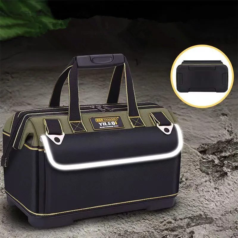Sac à outils jaune et noir monobloc, taille 16 pouces, 18 pouces, 21 pouces, sac à outils professionnel, sac à outils avec bandoulière réglable, grande ouverture et grande capacité, sac à outils