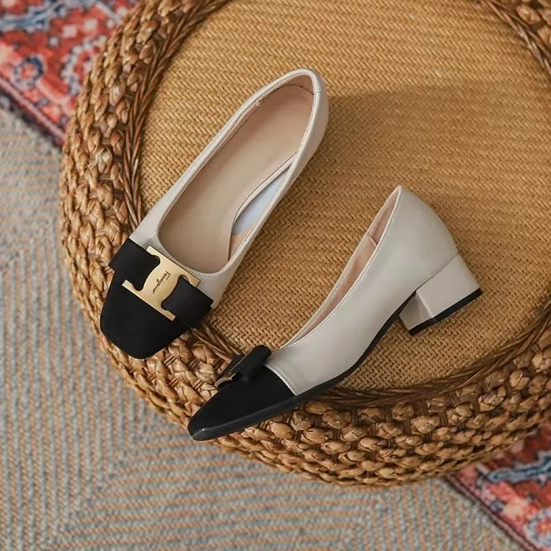 Women's Square Toe Block Heel Pumps, Two-Tone Bow & Metal Decor, Comfortable Soft Sole Office Casual Shoes