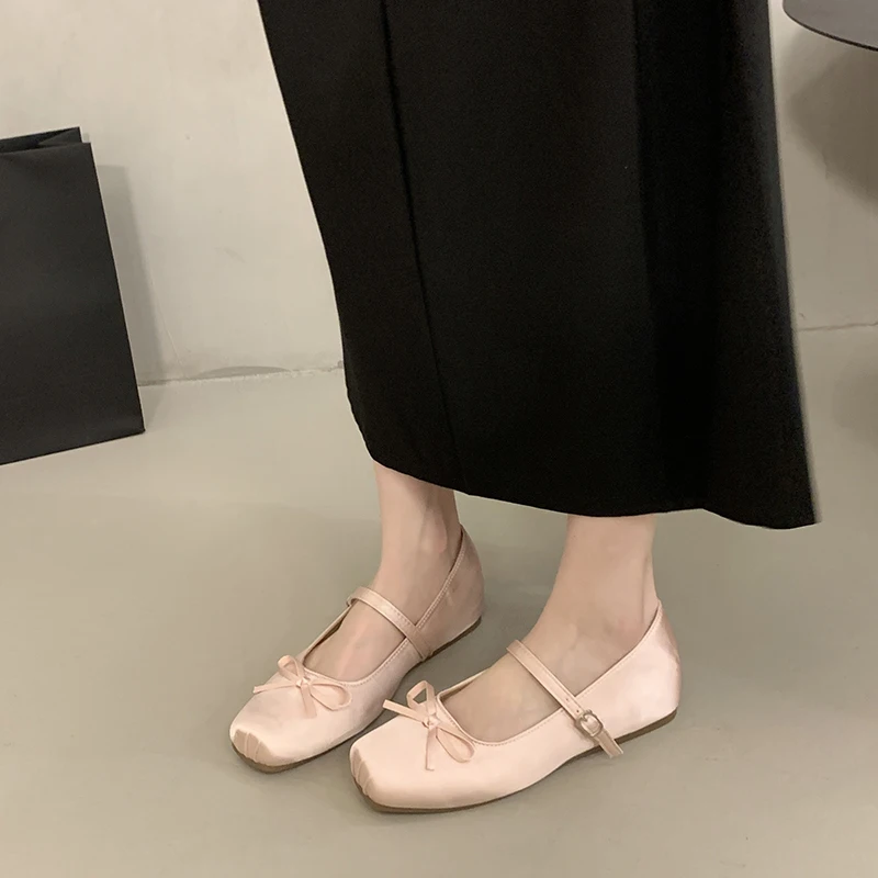 Spring Autumn Women Satin Bow Mary Jane Ballet Flats Square Toe Ankle Strap Non-Slip Sole Daily Office Casual Walking Shoes