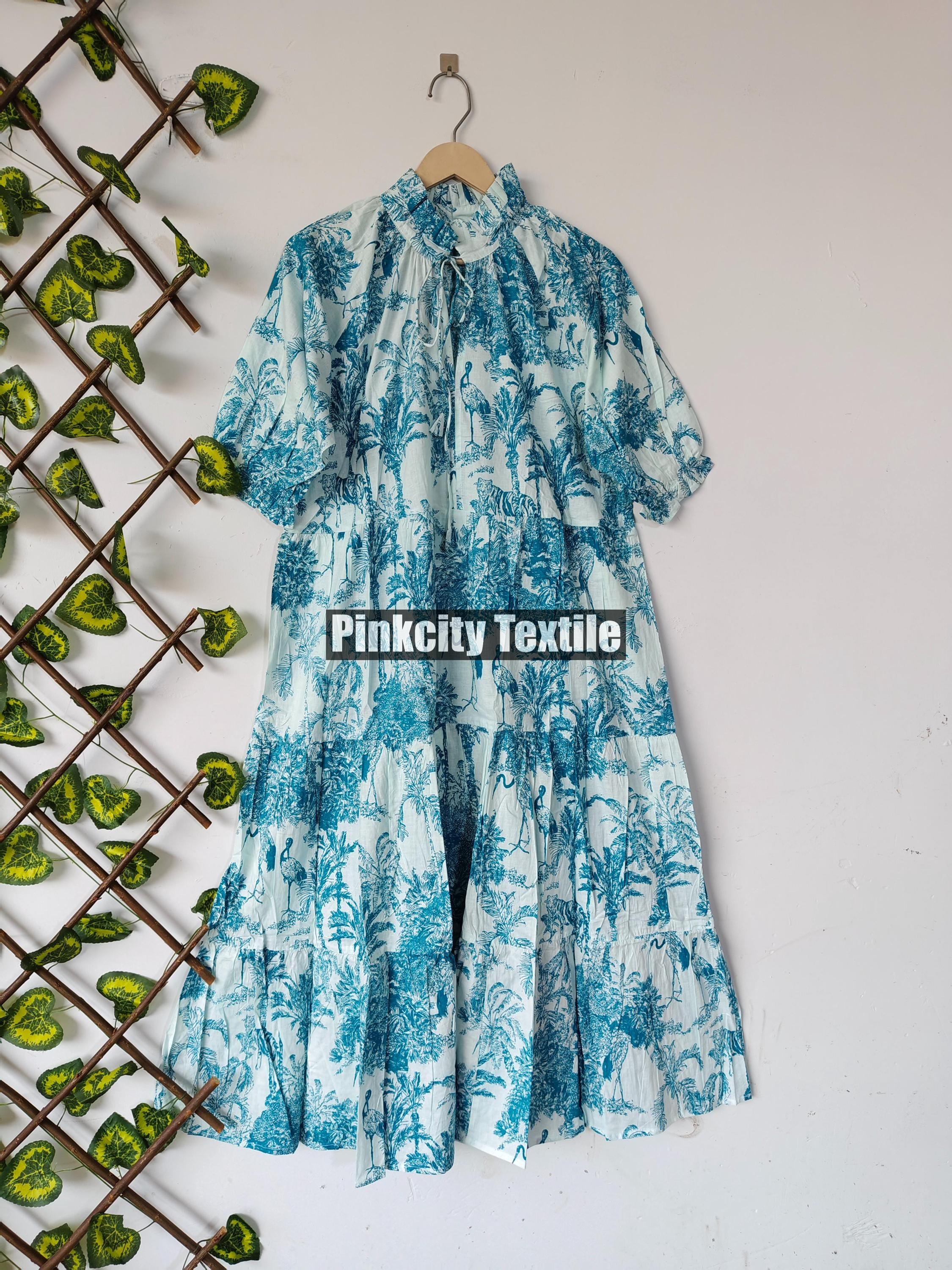 Nuovo abito indiano stampato freel, tradizionale abito lungo in cotone stampato a blocchi, abito lungo lungo - manica a 3/4 con bottone, abito lungo d