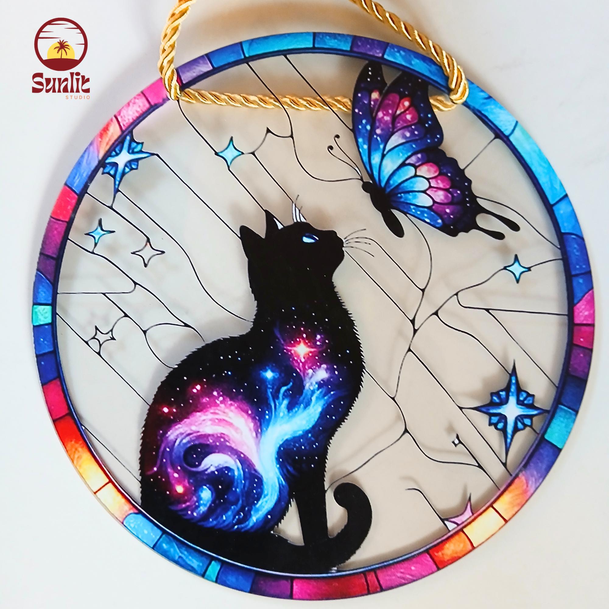 Acchiappasole magico a forma di gatto e farfalla / Acchiappasole in acrilico a forma di gatto / Memoriale a forma di gatto e farfalla / Regalo / Vetra