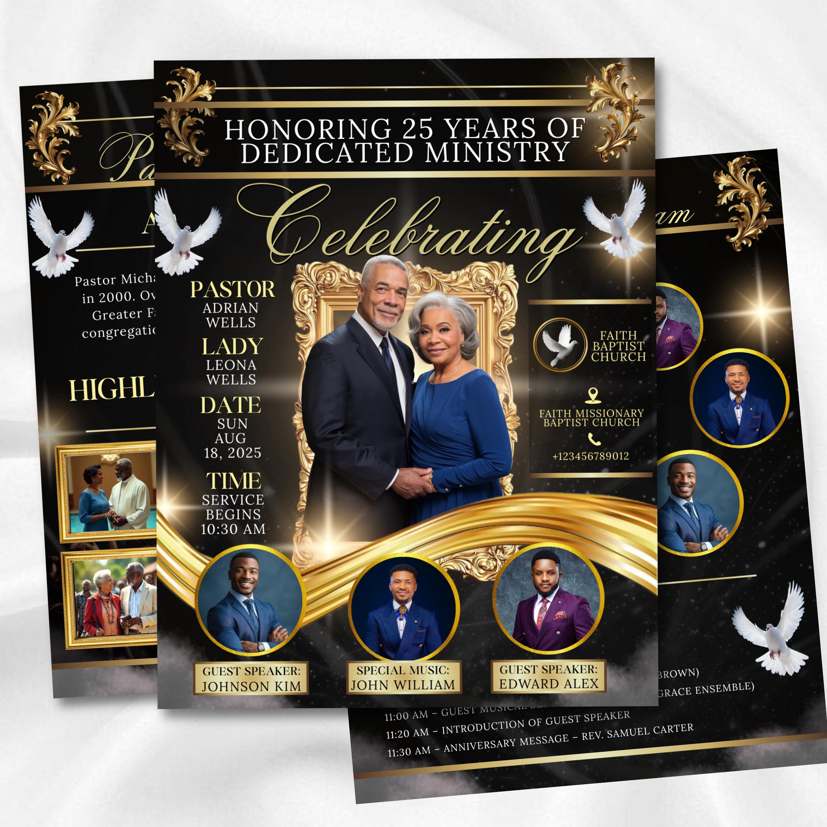 Modello di programma per l'anniversario del pastore di 4 pagine, brochure pieghevole nera e oro per l'anniversario della chiesa, programma di apprezza