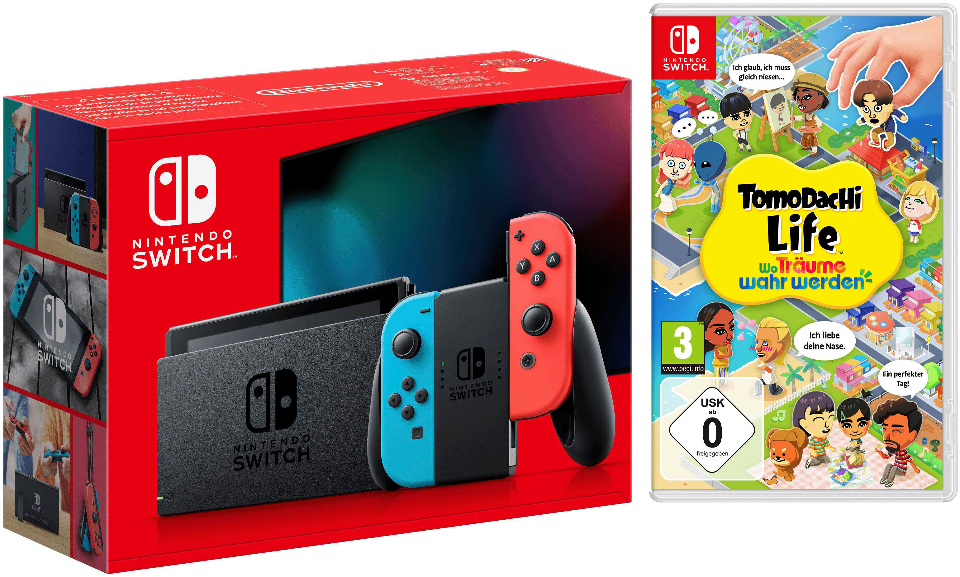 NINTENDO SWITCH Spielekonsole "Switch Neon-Rot/Neon-Blau inkl. Tomodachi Life", schwarz (neonrot, neonblau), B:23,9cm H:10,2cm T:1,39cm, Spielekonsolen, Switch Neon-Rot/Neon-Blau inkl.Tomodachi Life: Wo Träume wahr werden
