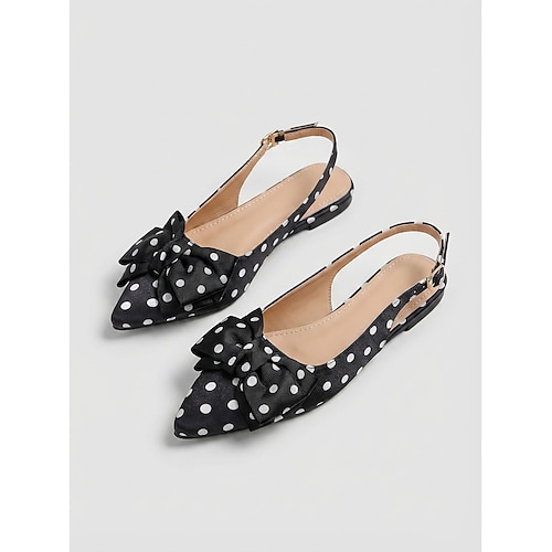 Weiße, gepunktete Damen-Ballerinas mit spitzer Zehenpartie – elegante Slingback-Schuhe mit großer Schleife für den Arbeitsalltag, Sommerpartys und schicke Outfits Image