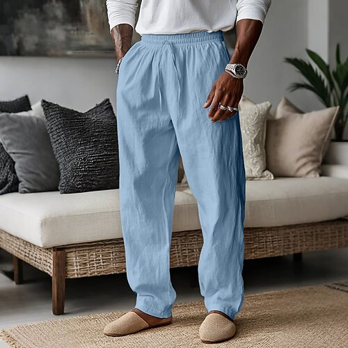 Herren Leinenhosen Hose Sommerhose Baggy-Hosen Strandhose Kordelzug Tasche Einfach Komfort Atmungsaktiv Volle Länge Täglich Heim Arbeit Urlaub Stilvoll Blau Schwarz Unelastisch Image