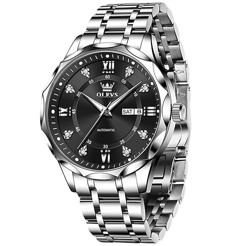Olevs Automatikuhr für Herren, luxuriöse Business-Armbanduhr aus schwarzem Edelstahl mit automatischem Aufzug, Wochentags- und Datumsanzeige sowie Leuchtdiamanten, wasserdichte analoge Armbanduhr,