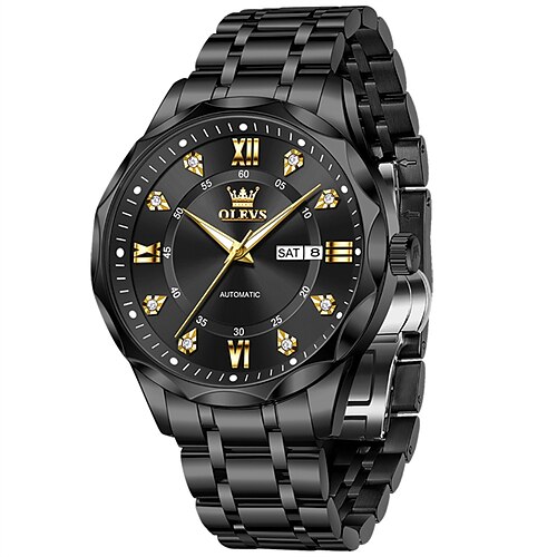 Olevs Automatikuhr für Herren, luxuriöse Business-Armbanduhr aus schwarzem Edelstahl mit automatischem Aufzug, Wochentags- und Datumsanzeige sowie Leuchtdiamanten, wasserdichte analoge Armbanduhr, Image