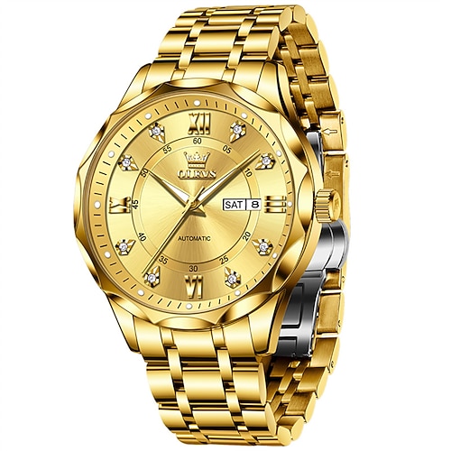 Olevs Automatikuhr für Herren, luxuriöse Business-Armbanduhr aus schwarzem Edelstahl mit automatischem Aufzug, Wochentags- und Datumsanzeige sowie Leuchtdiamanten, wasserdichte analoge Armbanduhr,