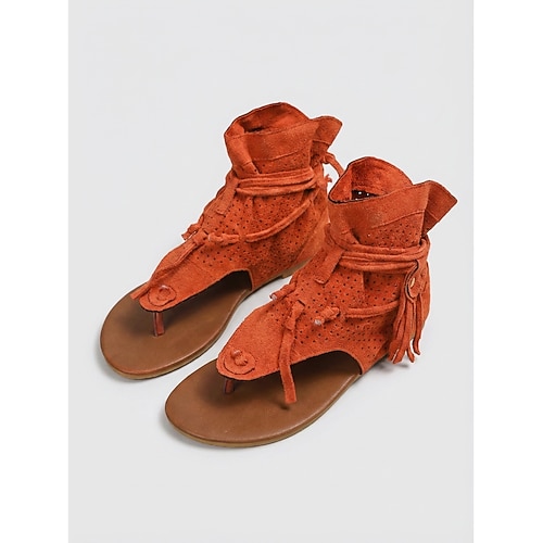 Rote Gladiator-Sandalen mit Fransen für Damen – flache Boho-Sandalen zum Schnüren, ideal für Musikfestivals und Outdoor-Urlaub Image