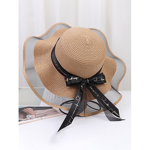 Cappello da sole bohémien da donna in paglia, cappello da spiaggia morbido, pieghevole, multicolore, con tesa larga, bordo ondulato e fiocco, ideale per vacanze, viaggi, stile resort e abbigliamento