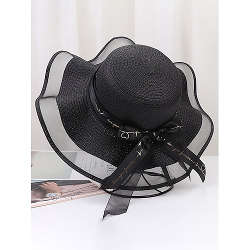 Cappello da sole bohémien da donna in paglia, cappello da spiaggia morbido, pieghevole, multicolore, con tesa larga, bordo ondulato e fiocco, ideale per vacanze, viaggi, stile resort e abbigliamento