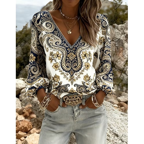 Per donna Camicia Grafico Geometrico Paisley Bohemien Vacanza Vintage Manica Lunga Scollo a V Top Regolari Casuale Quotidiano Ferie Blu / nero Rosa Blu scuro Beige Estate Primavera - Lightinthebox.com/it