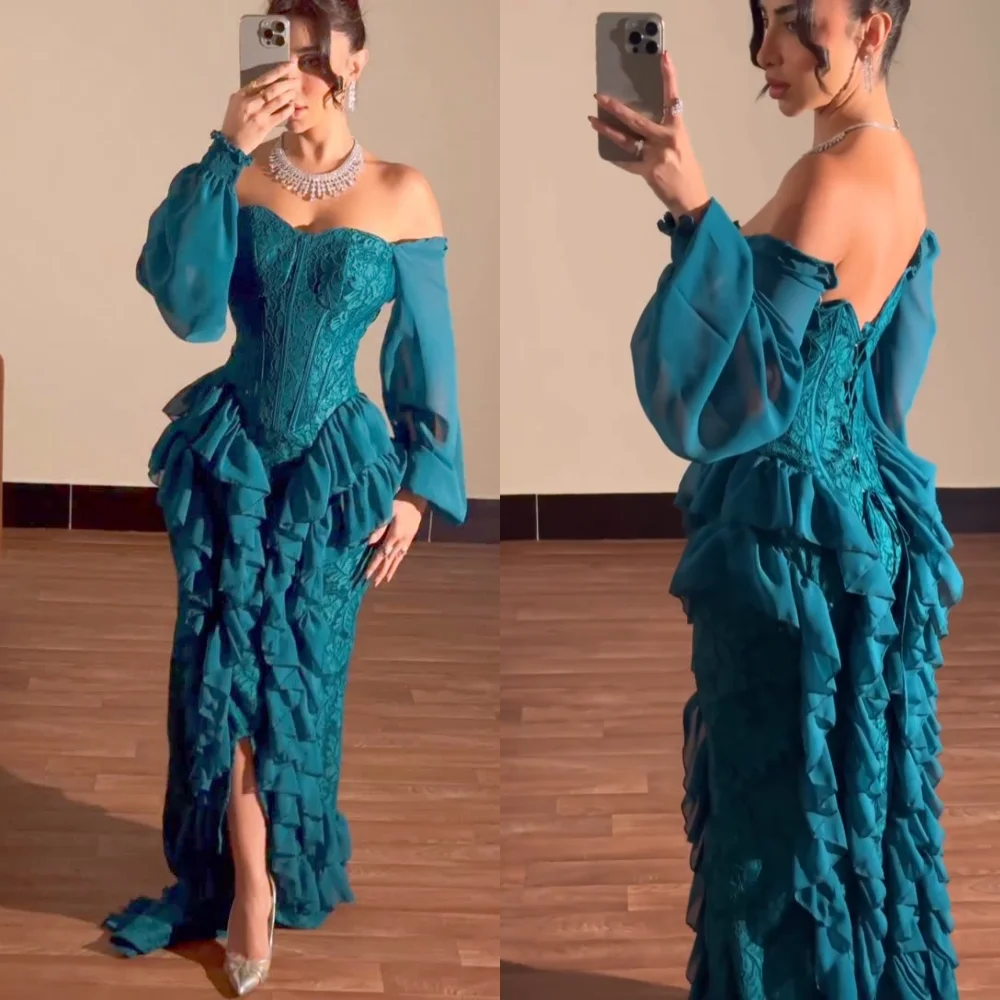Customized Chiffon Pleat Off-the-shoulder Ruffle Trumpet Lace-up Long Dresses Bespoke Occasion Charming Women Evening Party Sexy