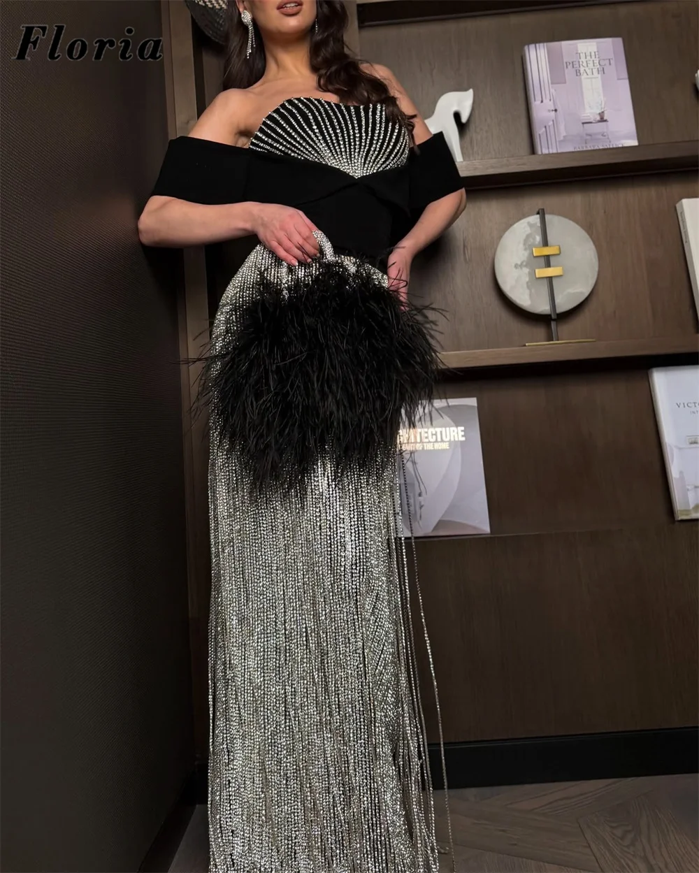 Luxury Black Off Shoulder Evening Dresses Silver Long Tassel Women Prom Dress Customized Wedding Party Gowns Robes De Soiree