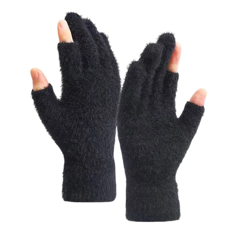 Plüschhandschuhe für Damen, Winter, warm, gestrickt, weich, elastisch, für Studenten, Schreiben, Tippen, flauschig, Fahren, Zwei-Fingerloser Freizeithandschuh Image