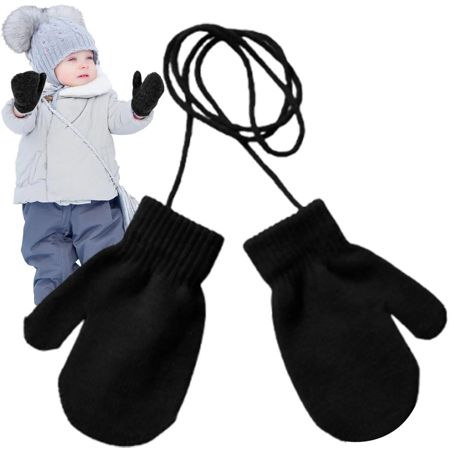 Winter Kinder Ski Handschuhe Gestrickte Schnee Handschuhe Mit Schnur Bequeme Warme Fäustlinge Nette Kinder Winter Zubehör Für Skifahren Skaten Image