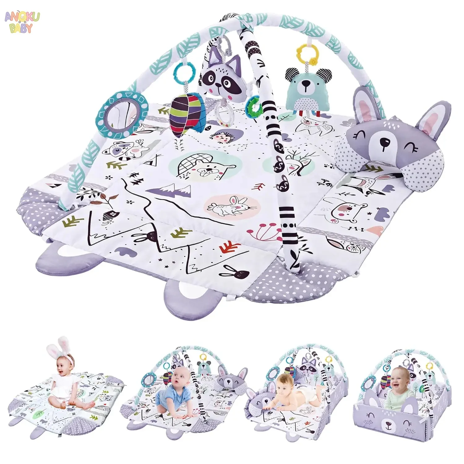 4-in-1 Baby-Aktivitätsmatte, faltbare Baby-Spielmatte und -Gymnastikmatte mit Spiegel und Kissen, dicke Lernmatte, geeignet für Neugeborene bis 36 Monate Image