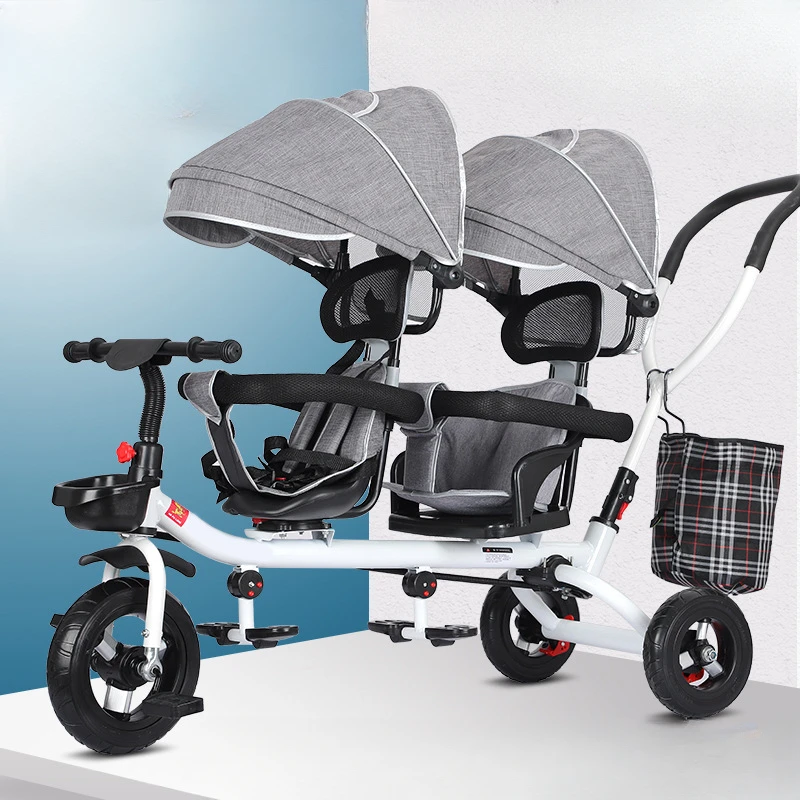 Kinder Doppel Kinderwagen Multifunktionale Zwei-wege Baby Kinderwagen Twins Kinderwagen Doppel Falten Drei-rad Auto Image
