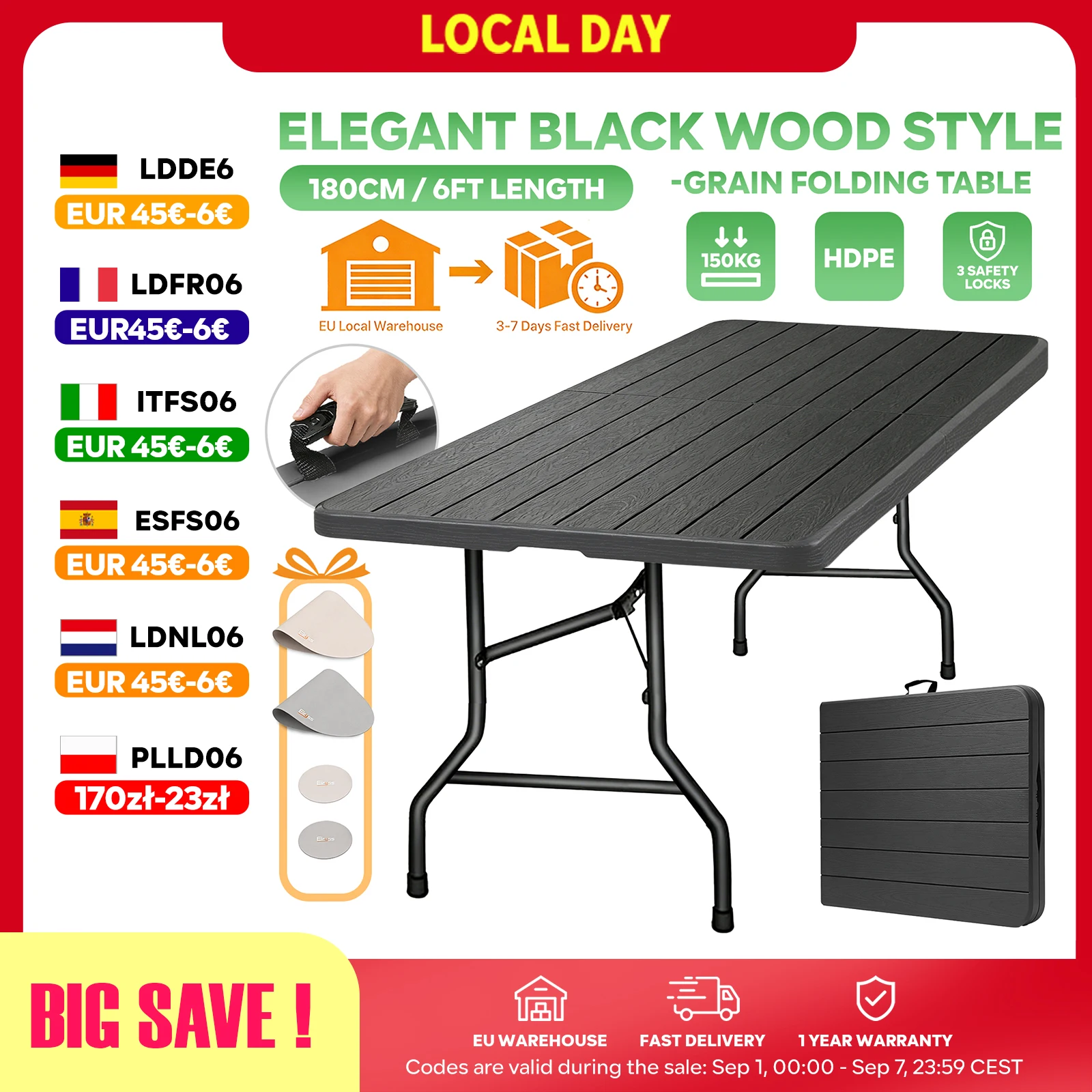 180cm Klapptisch Gartentisch Campingtisch Tragbar, Wetterfest HDPE, Bis 150kg Belastbar, Faltbar für Picknick & Balkon