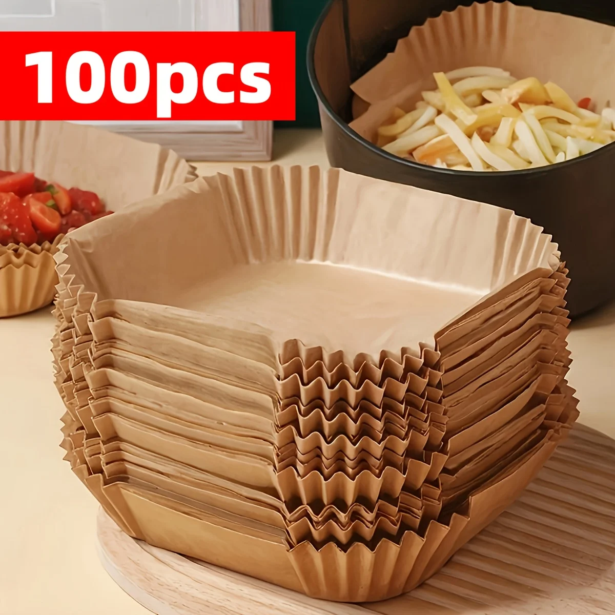 Antihaftbeschichtete Heißluftfritteuse-Einlagen, 100 Stück, hochwertiges Einzelblattpapier, sicheres Kochen, leicht zu reinigen, faltige Kanten, ideal für Küchen Image