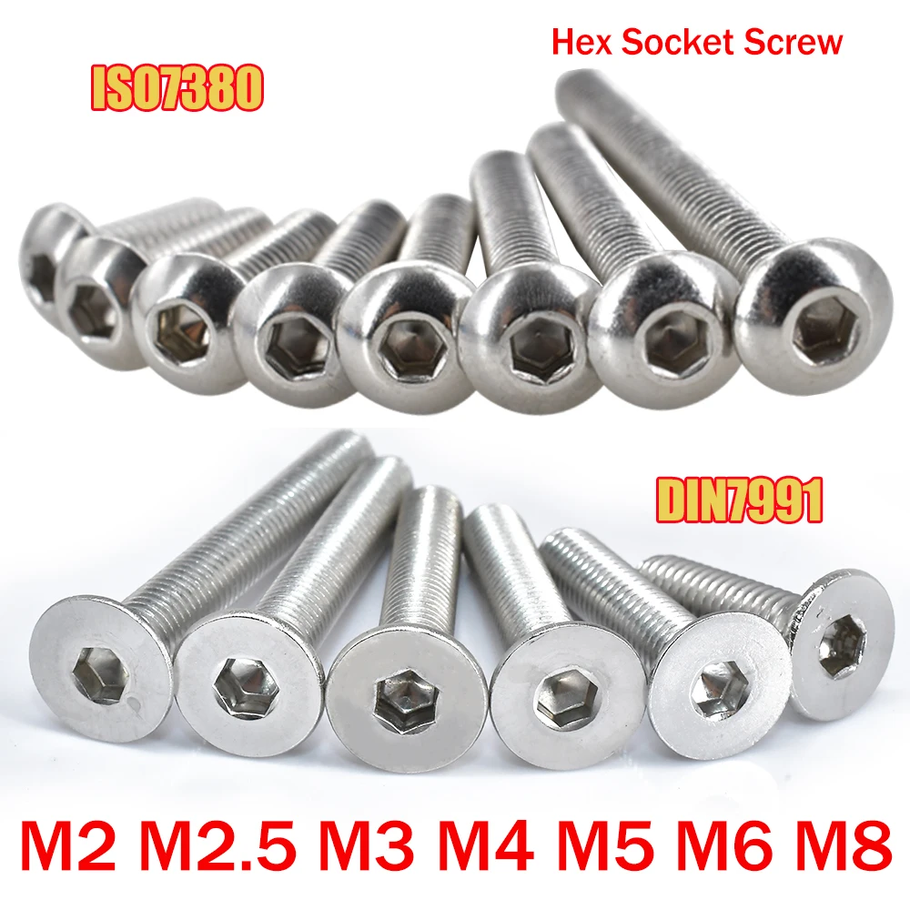 M2 M2,5 M3 M4 M5 M6 M8 A2 Runde Edelstahl- oder Flachsenkkopfschrauben DIN7991 Innensechskantschraube ISO7380 5–55 Stück Image