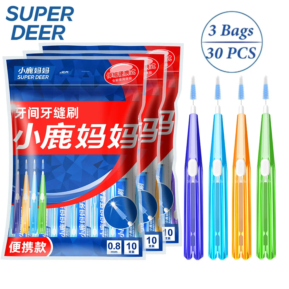 Fawnmum 30 Stück einziehbare Interdentalbürste 0,6–1,0 mm Zahnbürste mit weichen Borsten, sauber zwischen den Zähnen, Push-Pull-Bürste für die Mundpflege Image